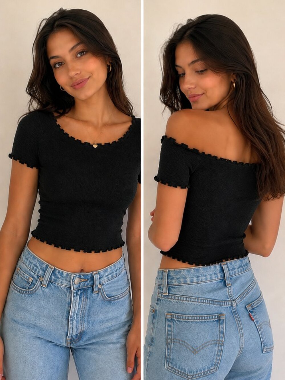 Levi’s Black Smocked Off Shoulder Crop Top Lettuce Hem Size Large
